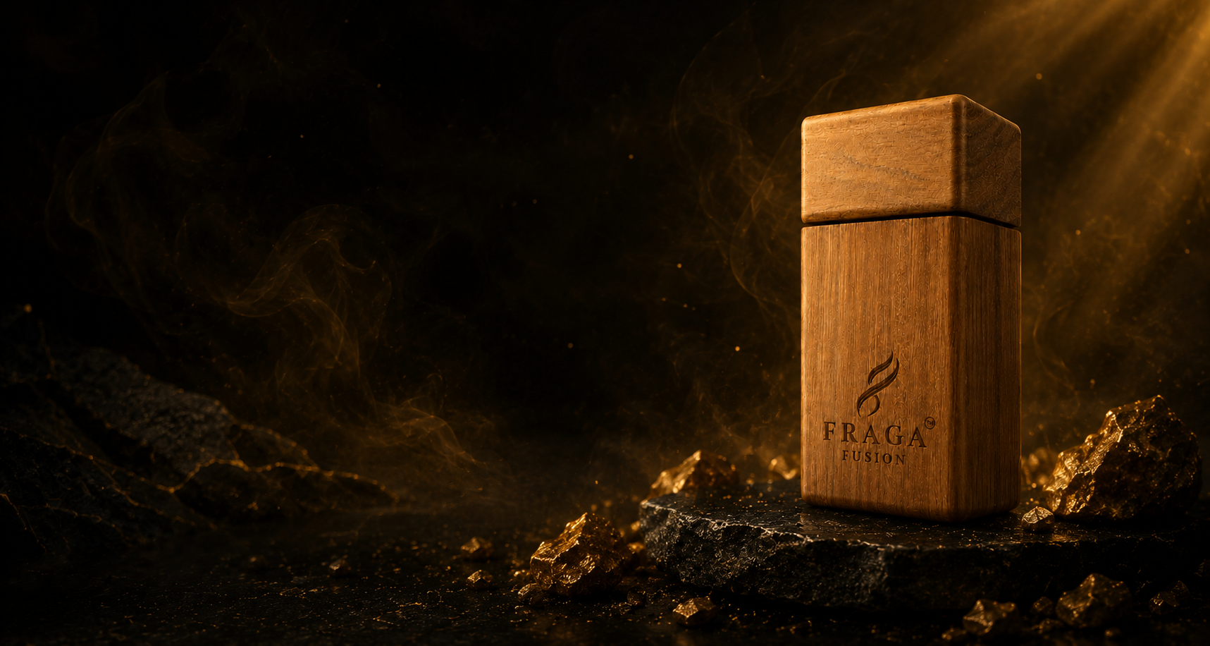 Fraga Fusion premium wooden perfume bottle in black and golden luxury setting